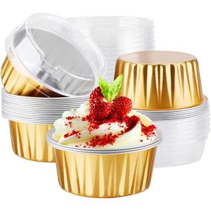 EUSOAR Disposable Ramekins Aluminum Foil, Gold 25Packs 5oz Baking Cups with Lids Mini Muffin Liners, Dessert Cheesecake Pan Oven Safe Creme Brulee Cupcake Containers for Catering Club Wedding Party
