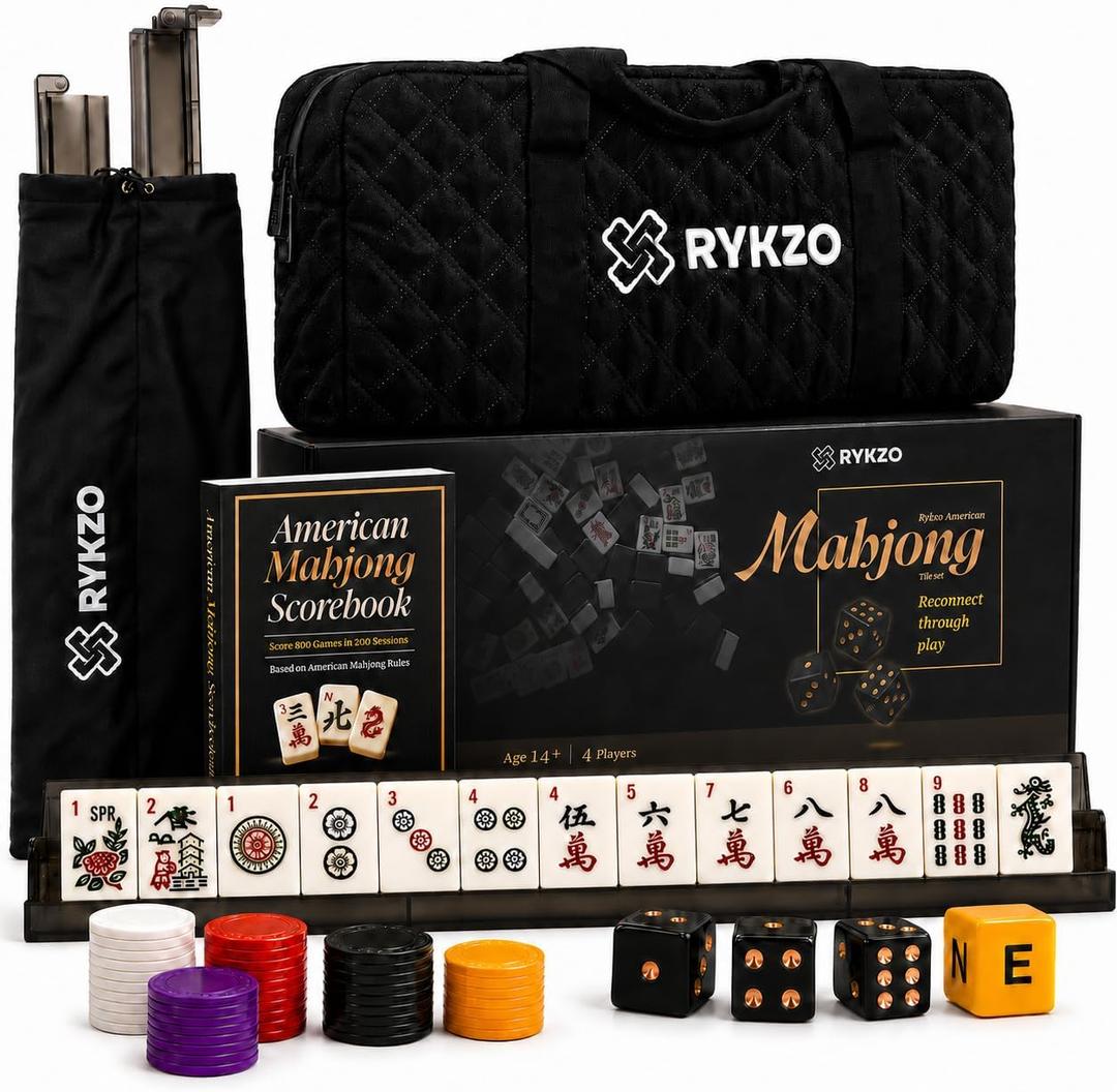 American Mahjong Set with 166 Engraved Ivory Melamine Tiles & Travel Bag | Racks with Integrated Pushers, Tile Shufflers, Scorebook for Easy Setup, Organized Play, Family Game Nights, and Tournaments