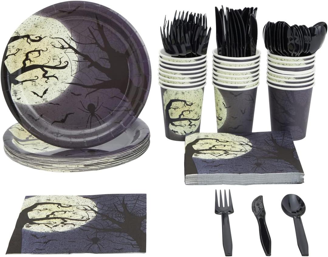 BLUE PANDA 144 Piece Halloween Dinnerware Set, Full Moon Night Sky Halloween Party Plates and Cups and Napkins Set for Spooky Gatherings and Witch Theme Parties (Serves 24) - Plate