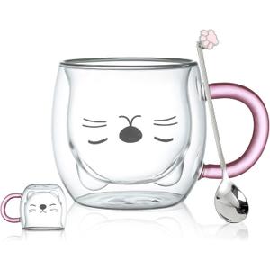 Purple Cat Mug Cute Mugs Glass Double Wall Insulated Glass Espresso Cup, Kawaii Cup, Coffee Cup, Tea Cup, Milk Cup, Best gift for Office and Personal Birthday Christmas (Purple Cat)