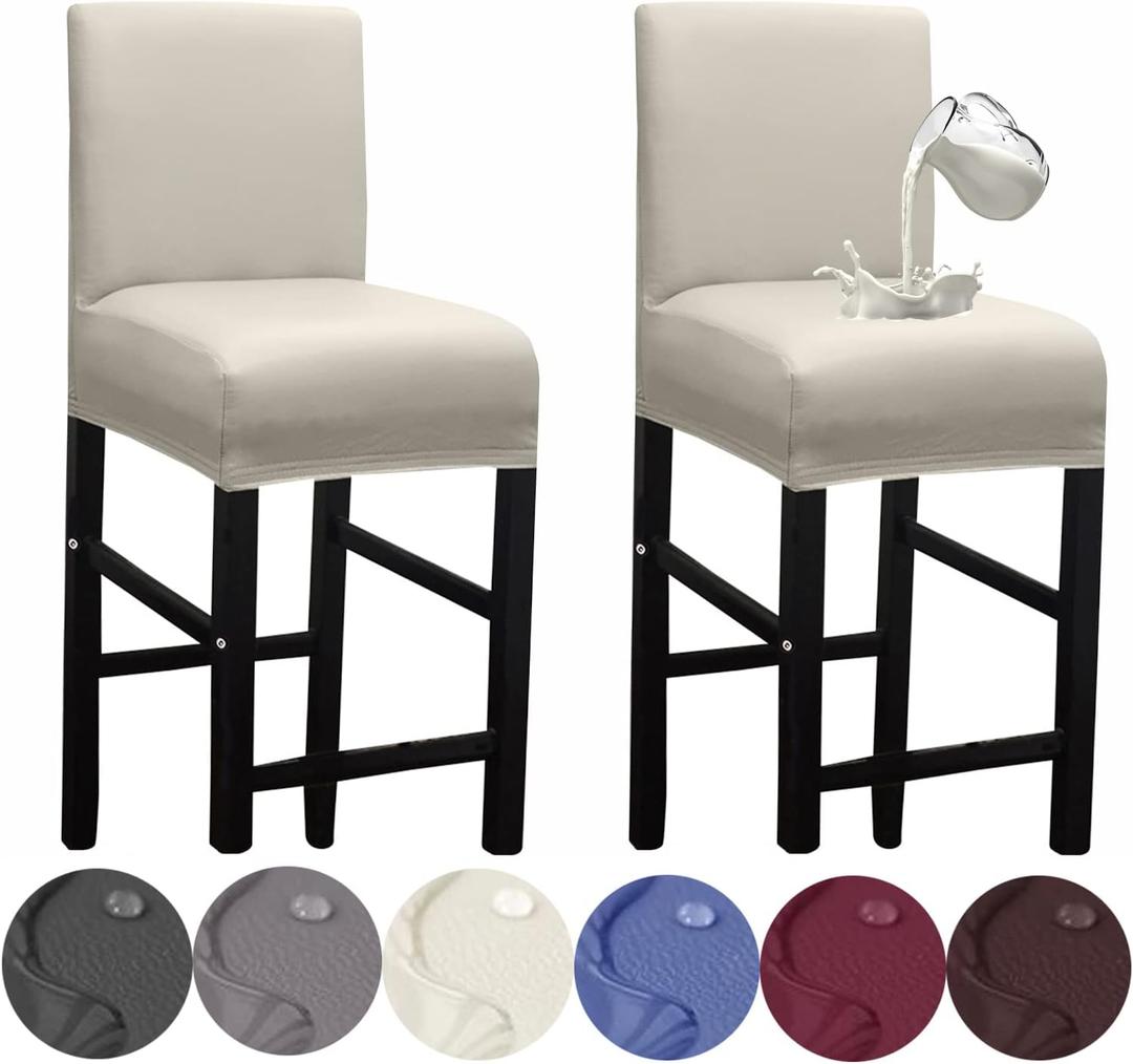 HFCNMY Bar Stool Covers,2 Pack Stretch Waterproof PU Bar Stool Covers with Backs Bar Stool Chair Covers Barstool Covers Slipcovers with Back Pub Counter Stool Chair Covers with Elastic Bands Beige