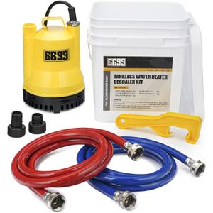 Tankless Water Heater Flushing Kit Includes 1/6HP Submersible Sump Pump with Two Adapters & 3 Gallons Pail with Bucket Lid Opener & Two 1/2 Dia X 6 PVC Hoses with Washers, Horsepower: 0.17 Horsepower