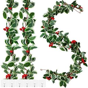 Luinabio 9 Pcs Holly Garland with Berries Set Includes 5.7 ft Christmas Red Berry Garland Decoration with Hooks Green Leaves Winter Outdoor Vines for Stairs Mantel Table Fireplace Home Decor