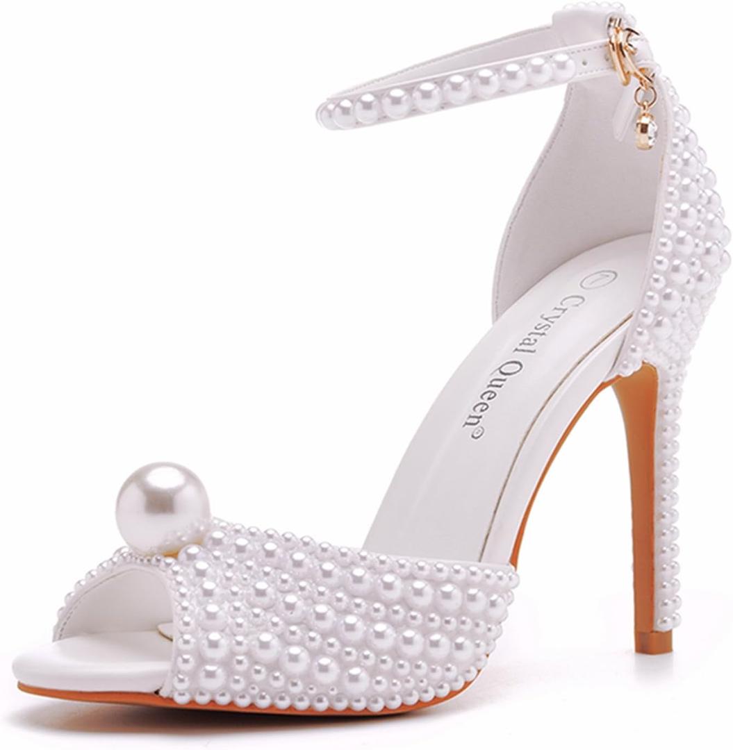 4.15 Inches White Pearls Peep Toe High Heel Sandals  Bridal Wedding Pump Shoes Bride Wedding Party Evening Dress Shoes Size 9 