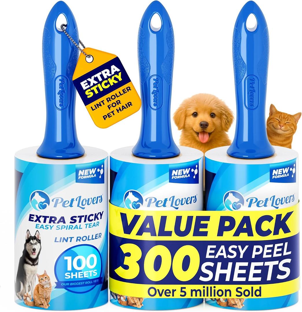 2 x PetLovers Extra Sticky Lint Roller Value Set 300 Sheets for Pet Hair Removal, Dog and Cat Lint Remover 3 Pack