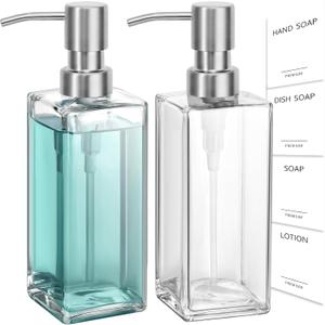 GMISUN Glass Soap Dispenser with Stainless Steel Pump, Clear Hand Soap Dispenser for Bathroom, 12 fl oz/350ml Hand and Dish Soap Dispensers Set for Kitchen, Refillable Liquid Soap and Lotion Bottle