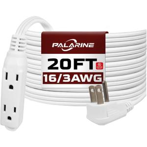 Flat Plug Extension Cord with 3 Outlets Extender, Indoor Extension Cord Flat Plug Power Strip 16 Gauge 20FT White 3 Prong, 16/3 SPT-3 13A, UL Listed