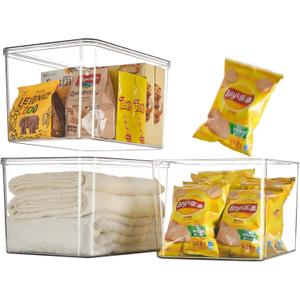 Clear plastic storage bins with LIDS-3packs,storage containers for snacks, cosmetics, books, dog food, Storage Organizer for NurseryKitchen, Living room,Bedroom, Bathroom, Office (3XL)