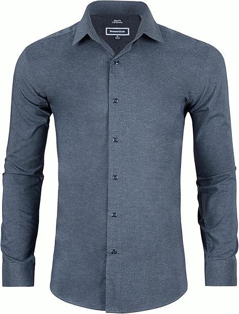 Men's Dress Shirt Long Sleeve Stretch Wrinkle-Resistant Formal Shirt Business Casual Heather Button Down Shirts, Navy Blue 