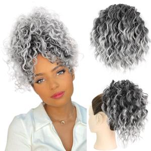 Wavy Curly Ponytail Extension Drawstring Ponytail for Black Women Synthetic Hairpieces Pony Tails Hair Extensions for Women - Black Mix Gray