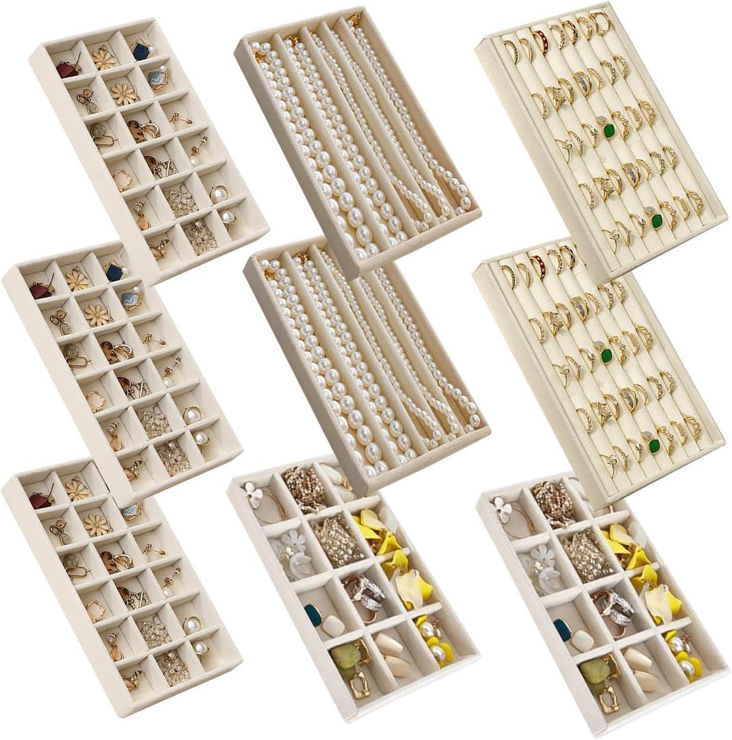 SPAKOWN Jewelry Organizer for Drawer, Adjustable Velvet Jewelry Tray, Stackable Necklace Organizer Earring Holder Organizer Ring Tray Jewelry Storage Display Drawer Inserts Set of 9 (Beige)