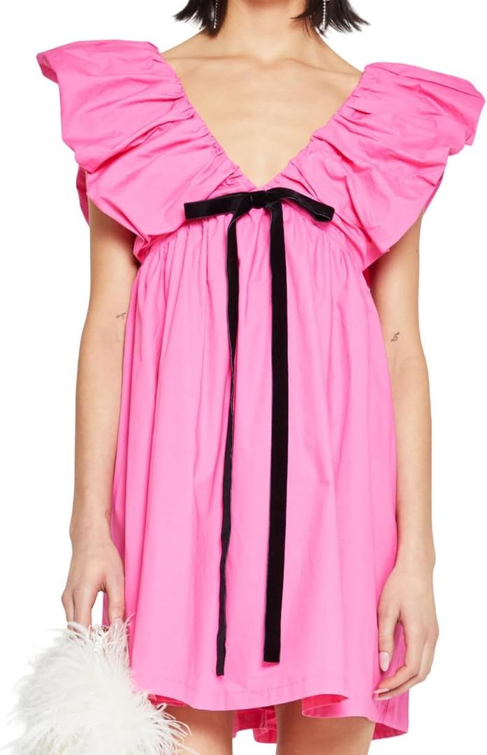 Women's Floral Bow V Neck Babydoll Mini Dress Flower Print Puffy Sleeve Boho Short Casual Loose Flowy Dresses, Size M