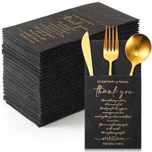 Qilery 100 Plain Thank You Wedding Napkins Cocktail Napkins Newlyweds to Family Friends Guests with Built in Flatware Pocket Tissues Bridal Shower Rehearsal Dinner Party Supply(Black)