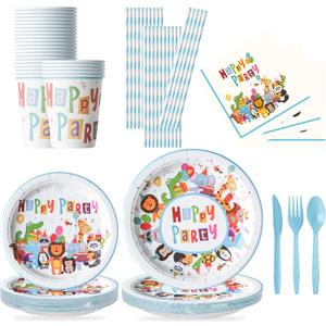 200 pcs Happy Birthday Party Supplies,Jungle Safari Theme Happy Party Decorations, Zoo Animal Dinnerware Plates, Napkins, Cups, and Cutlery (Serves 25)