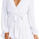 Cosonsen Women's Dress Deep V-Neck Long Sleeve Waist Tie Ruffle Mini Swing Skater Dresses, XXL