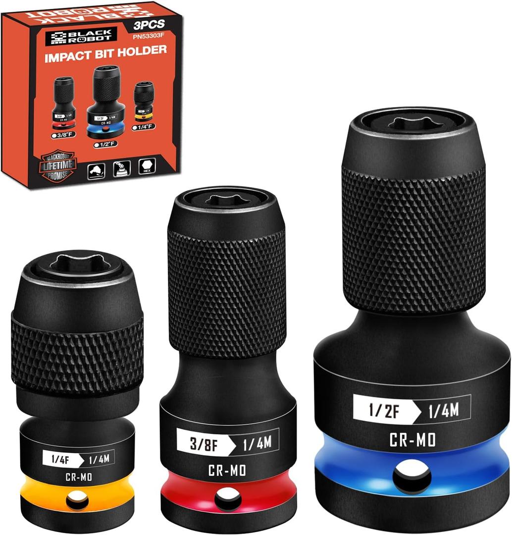 BLACKROBOT 3PCS Quick Release Impact Bit Holders 1/2 3/8 1/4-Inch Square Drive to 1/4-Inch Hex Socket Adapter, CR-MO Steel, Impact Wrench Ratchet Use