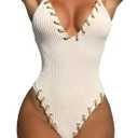 WODECASA Women's V Neck High Cut One Piece Swimsuit Ribbed Criss Cross Tie Back Bathing Suit Monokini (Beige, L)