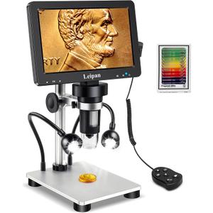 7" LCD Digital Microscope 1200X,Leipan 12MP Coin Microscope with Screen for Adults,1080P Coin Magnifier with 12pcs Slides,Wired Remote,2 Side Lights,Windows/Mac OS Compatible