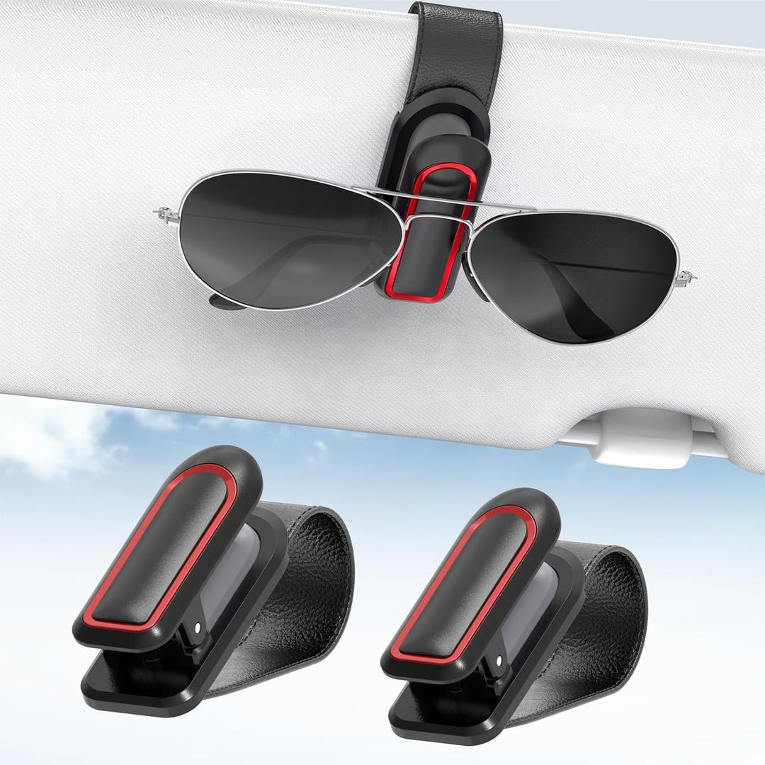 Veharvim Sunglass Holder for Car (One-Handed-Operation, Gentle & Secure Hold, Silicone Padded, Universal Fit, Metal Clip) Visor Sunglass Holder Clip,Visor Sunglass Car (Black & Red, 2 Pack)
