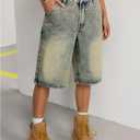 Women's Vintage Y2K Straight Leg Denim Shorts Washed Bremuda Jeans Shorts with Pockets (Medium Wash, 27 )