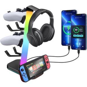 VCOM RGB Gaming Headphones Stand with 10 Light Modes, 4 Controller Holder with 1 USB & 2 Type-C Charging Ports,Headset Stand Suitable for All Earphone Accessories, Best Gift for Desk Gamers