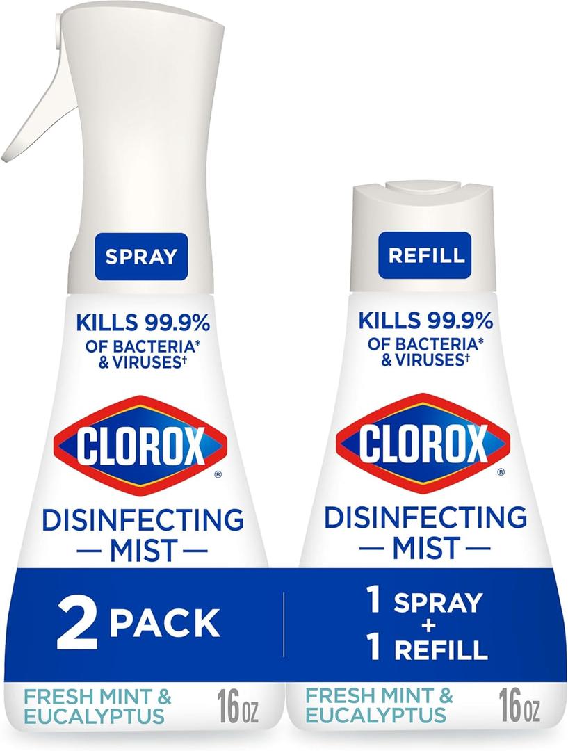 Clorox Disinfecting Mist, Eucalyptus Peppermint, Household Essentials, 1 Spray and 1 Refill, 16 oz Each (16 Fl Oz (Pack of 2))