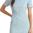 Allegra K Tweed Dress for Women's Crew Neck Wear to Work Office Bodycon Pencil Midi Dress (Blue, XS)