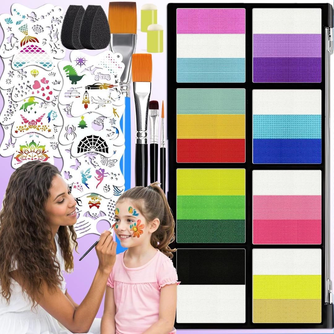 Face Painting Kit for Kids - 18 Vibrant Colors, Stencils & Brushes | Safe, Non-Toxic & Washable for Kids & Adults | Perfect for Halloween, Birthday Parties & Festivals