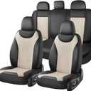 Coverado Front and Back Seat Covers, 5-Pack Universal Seat Covers for Cars, Leather & Fabric Splicing Design Car Seat Protectors, Waterproof Seat Cushions Universal for Most Vehicles, Black & Beige