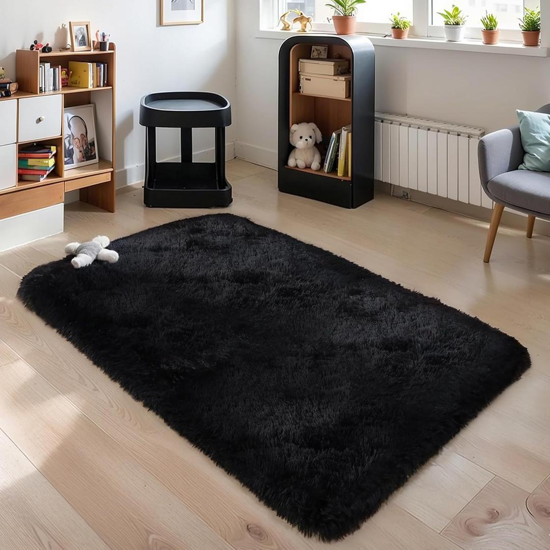 Thick Area Rug Black Fluffy Shag 3x5 for Bedroom, Ultra Soft Thickened Plush Washable Carpet, Non-Slip Cozy Shaggy Fuzzy Rug for Living Room Nursery Dorm Playroom Kids Baby Room