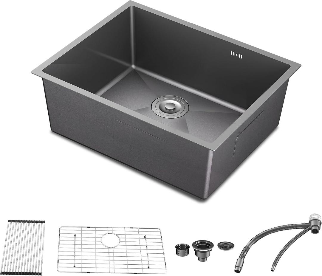 24 x 18 Inch Undermount Kitchen Sink, Black Stainless Steel Single Bowl