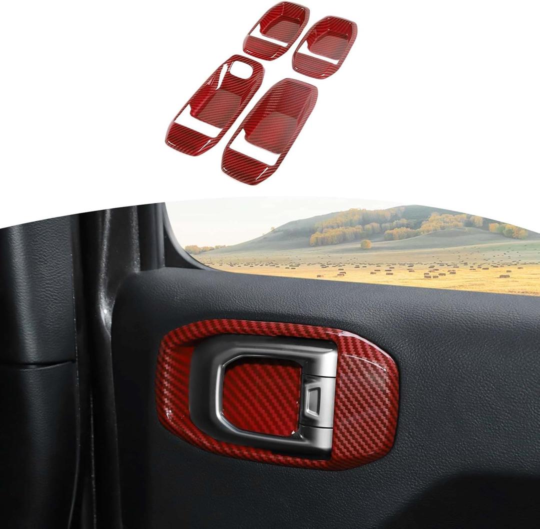 RT-TCZ for Jeep JL Inner Door Handle Bowl Cover Trim for Jeep Wrangler JL JLU 2018+ for Gladiator JT 2020-Present Red Carbon Fiber Interior Accessories 4pcs