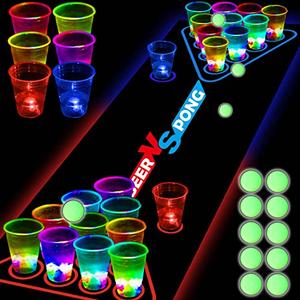 YHFUISK Glow in The Dark Beer Pong Table Mat, Drinking Game Pong Game with Party Cups, Glow Pongs for Indoor Outdoor Party Game Party Supplies Decoration Flashing&Red&Blue1