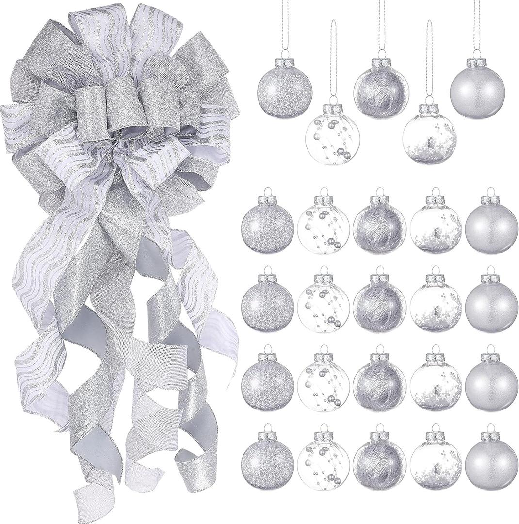 Syhood 25 Pieces Christmas Tree Topper Bow 12 x 34 Large Christmas Bow with Color Strips and 2.36 Inch Plastic Christmas Ball Ornaments for Christmas Tree Home Decoration(Silver)