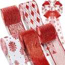 Crowye 5 Roll 50 Yard Red Wired Ribbon 2.5 Inch Christmas Glitter Metal Mesh Sparkle Ribbon Bow Xmas Tree Gift Packaging Ornaments Classification Wreath Decoration Craft Project DIY