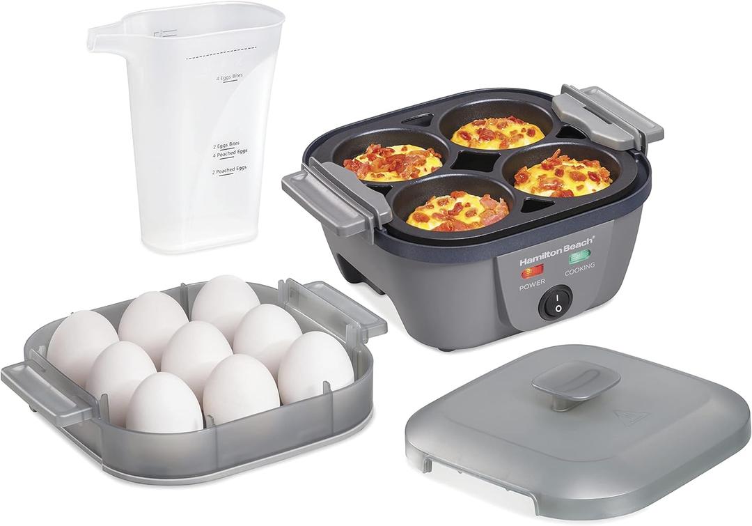 Hamilton Beach 6-in-1 Electric Egg Cooker for Hard Boiled Eggs, Sous Vide Style Egg Bite Maker and Poacher, 5.25 Non-Stick Skillet for Omelets, Scrambling & Frying, Grey (25510)