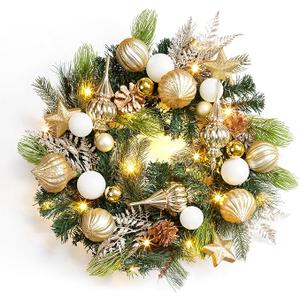 Garvee Christmas Wreath with Lights for Front Door, 24in Large Outdoor Christmas Wreaths, Battery Operated Prelit Xmas Wreath with Gold White Ball Ornaments for Fireplace Window Wall Decor