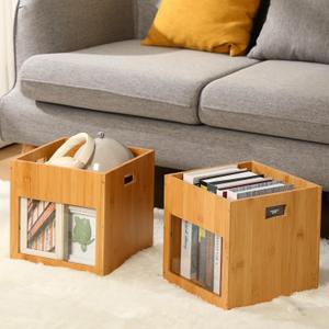 Chunful 2 Pcs Bamboo Storage Containers 11 Inches Stackable Large Storage Baskets for Shelves Wooden Cube Boxes with Handles for Bedroom Organizing Shelf Closet Cabinet