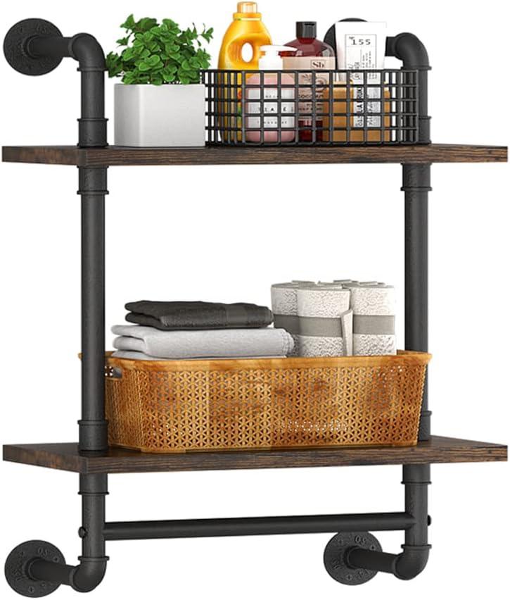 Helsin Industrial Pipe Floating Bathroom Shelves Wall Mounted with Towel bar, 2 Tier Rustic Wood Wall Shelf, 16inch Metal Towel Rack Storage Bookshelf for Bathroom, Kitchen, Farmhouse, Living Room (16inch, Brown)