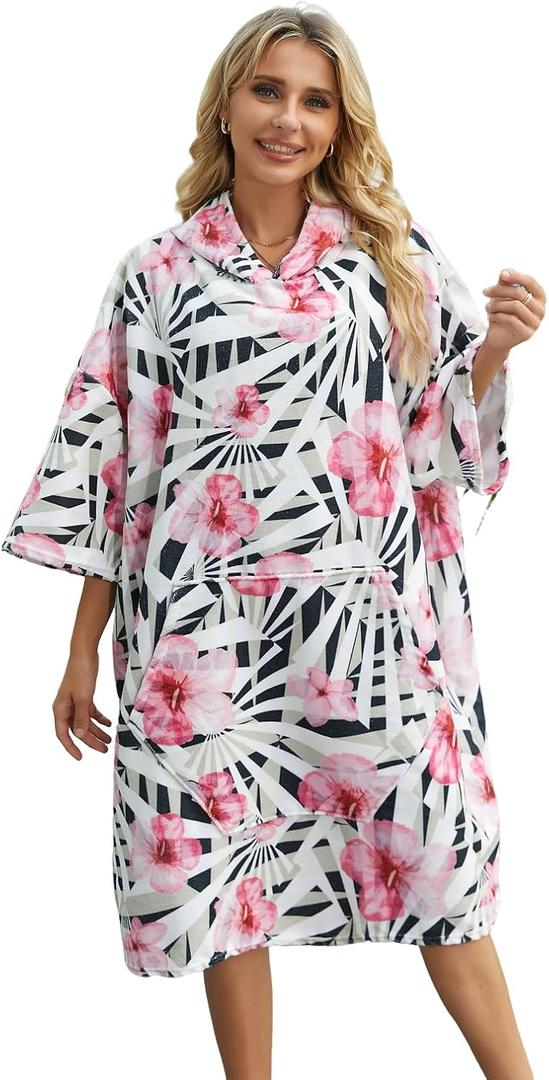 Surf Poncho Hooded Towel for Adults Quick Dry Beach Changing Robe with Pockets, Unisex Swim Cover-Up, Flower Bath Towel for Surfers & Swimmer Gifts (40"L x 30"W)