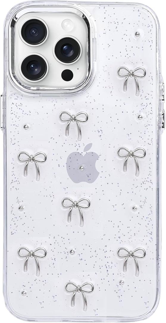 for iPhone 12 Pro Max Case, Bling Glitter 3D Bow Design Clear Soft Sparkly Protective Case for iPhone 12 Pro Max 6.7" 2020 (Silver)