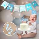 1/2 Birthday Boy Half Birthday Decorations 4PCS Blue 6 Month Party Set with 1/2 Way to One Banner, Halfway High Chair Banner, Cake Topper and Hat for 6 Month Baby Boy Photo Shoot Decor