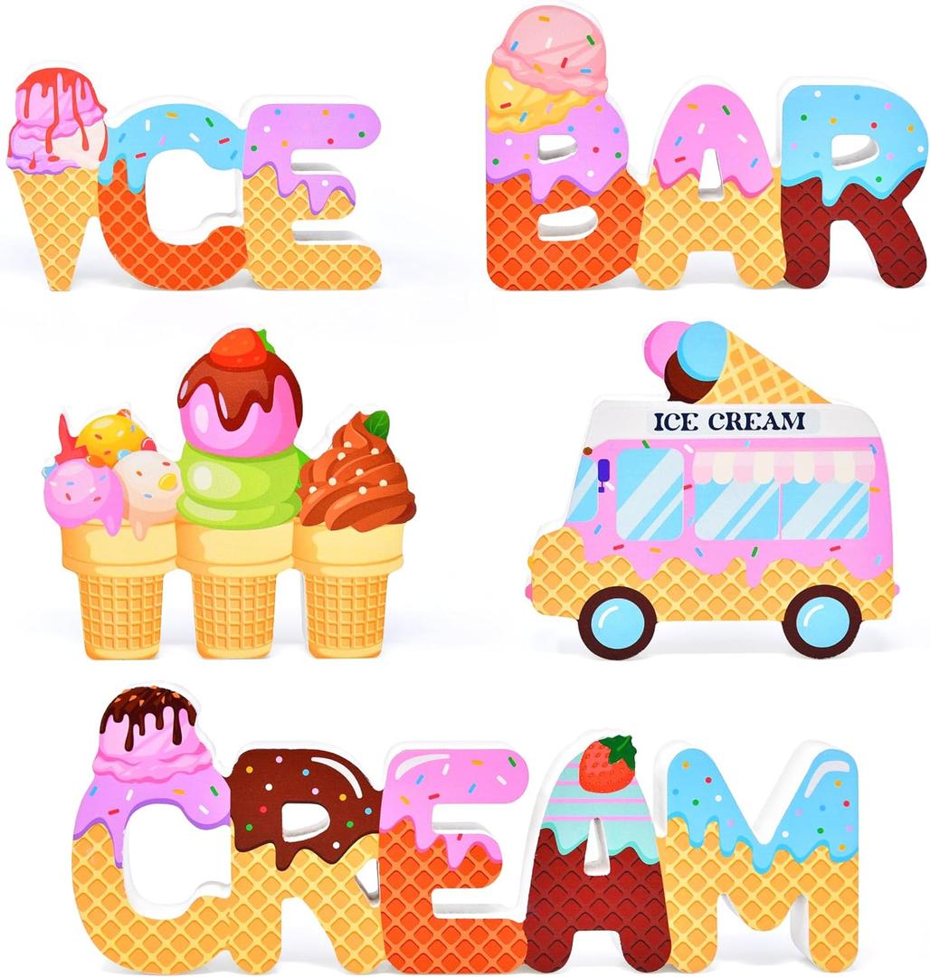 Ice Cream Wooden Table Decor Set of 5 Summer Party Dessert Theme Signs Sweet Treats Tiered Tray Kitchen Counter Birthday Decor