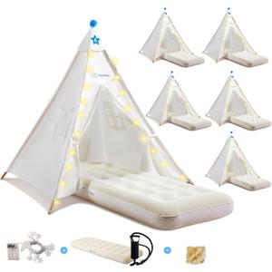 6 Pack Teepee Tent for Kids with Inflatable Airbed, Light, Toddler Tent Children Room Tents, Slumber Party Sleepover Tents, Indoor Outdoor Kids Playtent Playhouse for Girls & Boys (White)