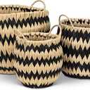 Coastal Striped Baskets, Set of 3, Round, Handmade, Chunky Weave, Black and Natural Seagrass Wicker, Grab Handles,