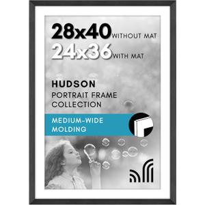 Americanflat 28x40 Poster Frame with Polished Plexiglass - Use as 24x36 Frame with Mat or 28x40 Frame Without Mat - Hudson Collection - Wide Picture Frame for Wall display - Black (28"x40", Black)