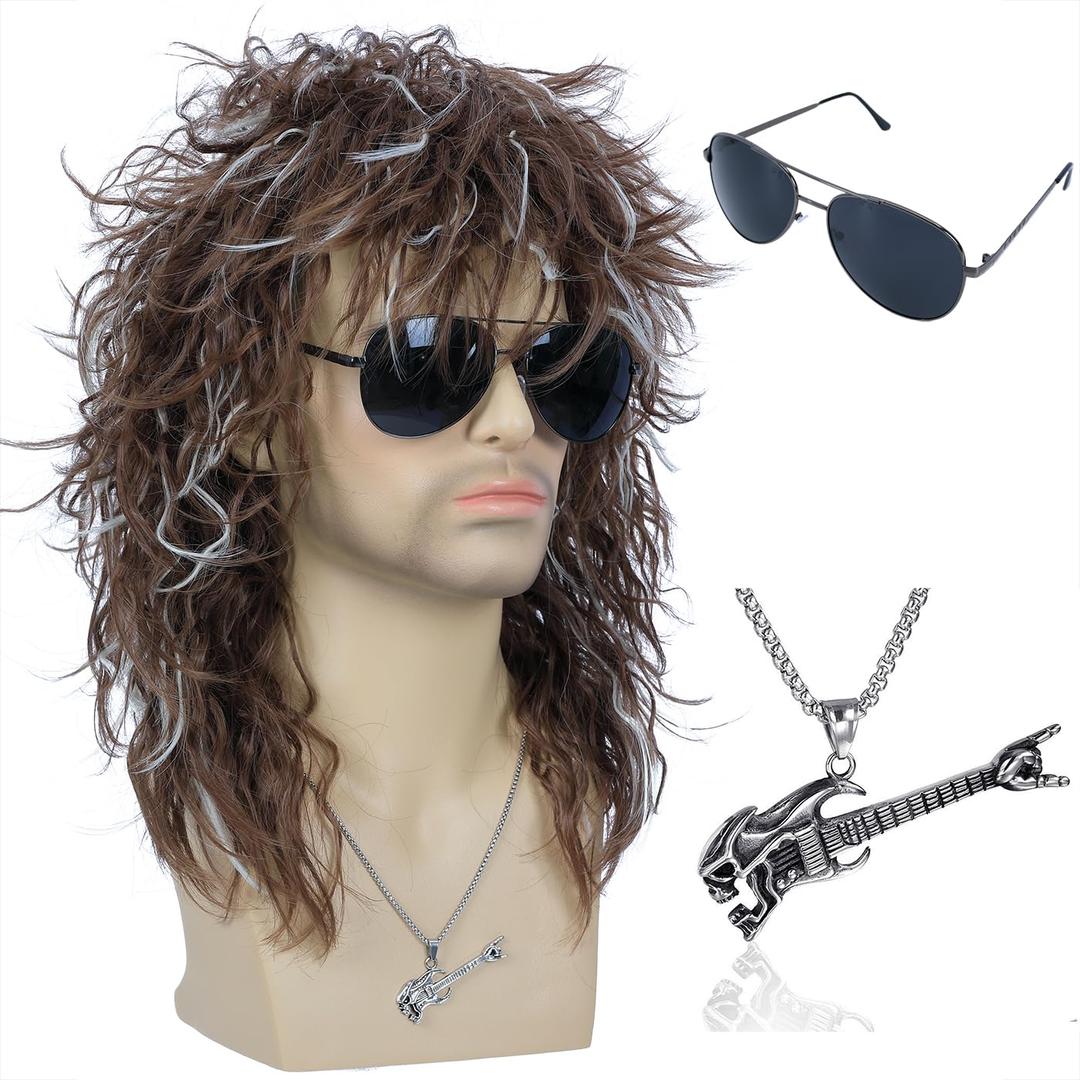 morvally Men’s Women 80s Rocker Mullet Wig with Glasses and Necklace Long Brown Curly Glam Rock-Rockstar Wig for Halloween Cosplay Costume Party (Brown highlights Silver)
