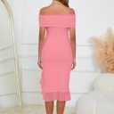 BORIFLORS Women's Sexy Off The Shoulder Bodycon Midi Dresses Elegant Ruched Ruffle Hem Cocktail Party Dress, X-Large, Pink