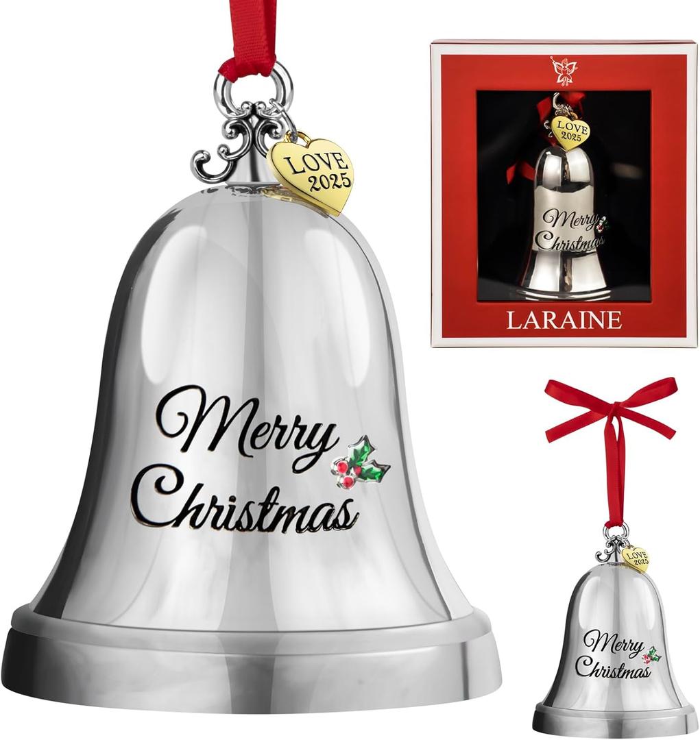 LARAINE Christmas Ornament Bell 2025 Silver Jingle Bell Hanging Ornament with Golden Metal Tag for Christmas Tree Decorations Engraved Metal Bell (Heart Tag (2025))