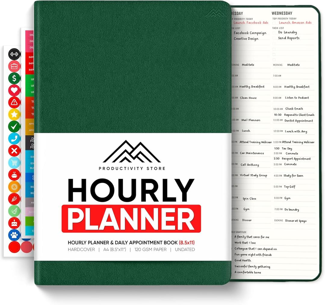 Hourly Planner & Appointment Book (8.5 x 11) - Premium Hourly Planner with Daily Schedule & 30-Minute Time Slots for Better Time Management by PRODUCTIVITY STORE (A4, Green)